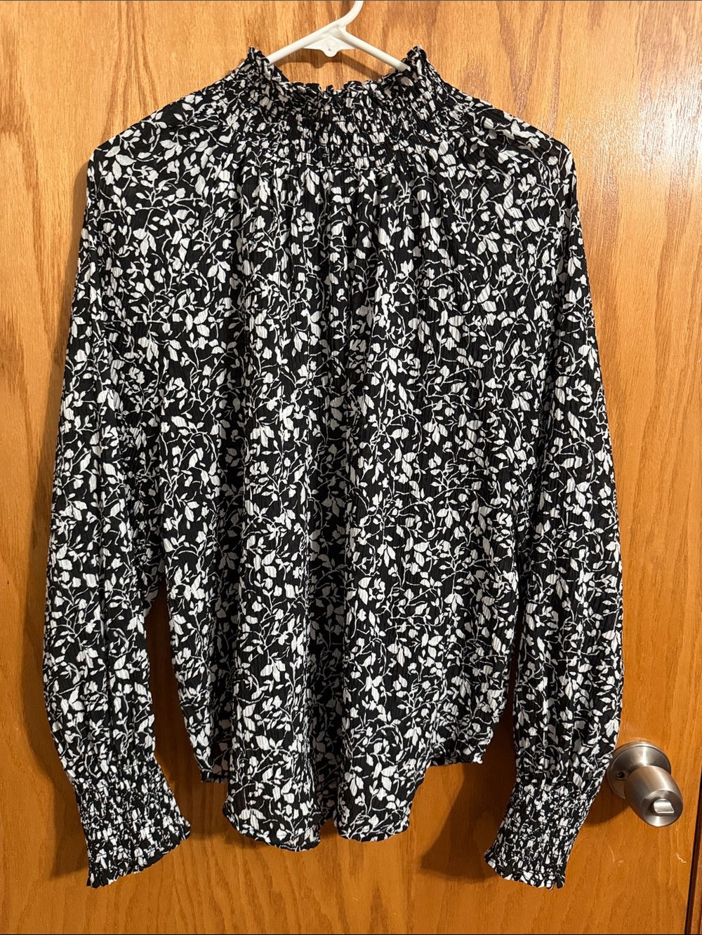 LOFT Black and White Floral Smocked-Neck Blouse